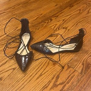 SCHUTZ Black Croc-Embossed Pointed Toe Lace-Up Flats